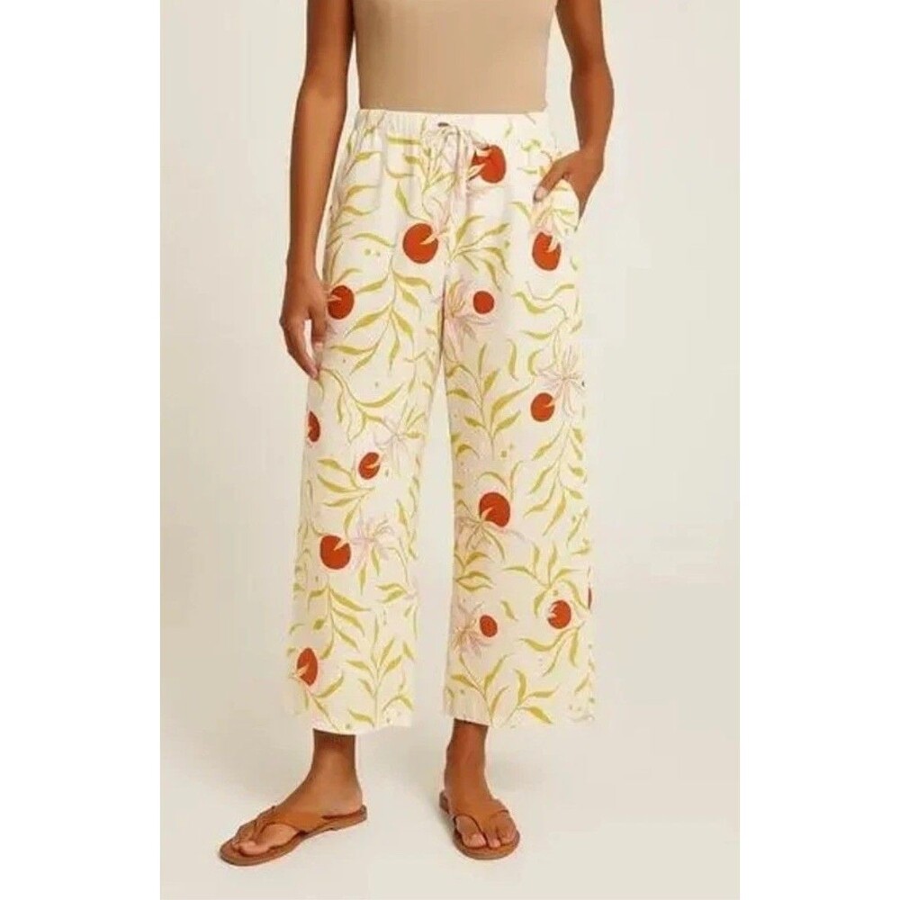 CALYPSO ST. BARTH 100% Linen Wide Leg Floral/Fruit Print Pants White Women Large